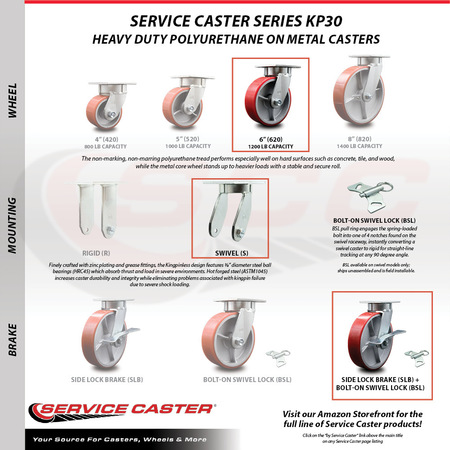 Service Caster 6 Inch Kingpinless Red Poly on Steel Wheel Caster with Brake and Swivel Lock SCC-KP30S620-PUR-RS-SLB-BSL